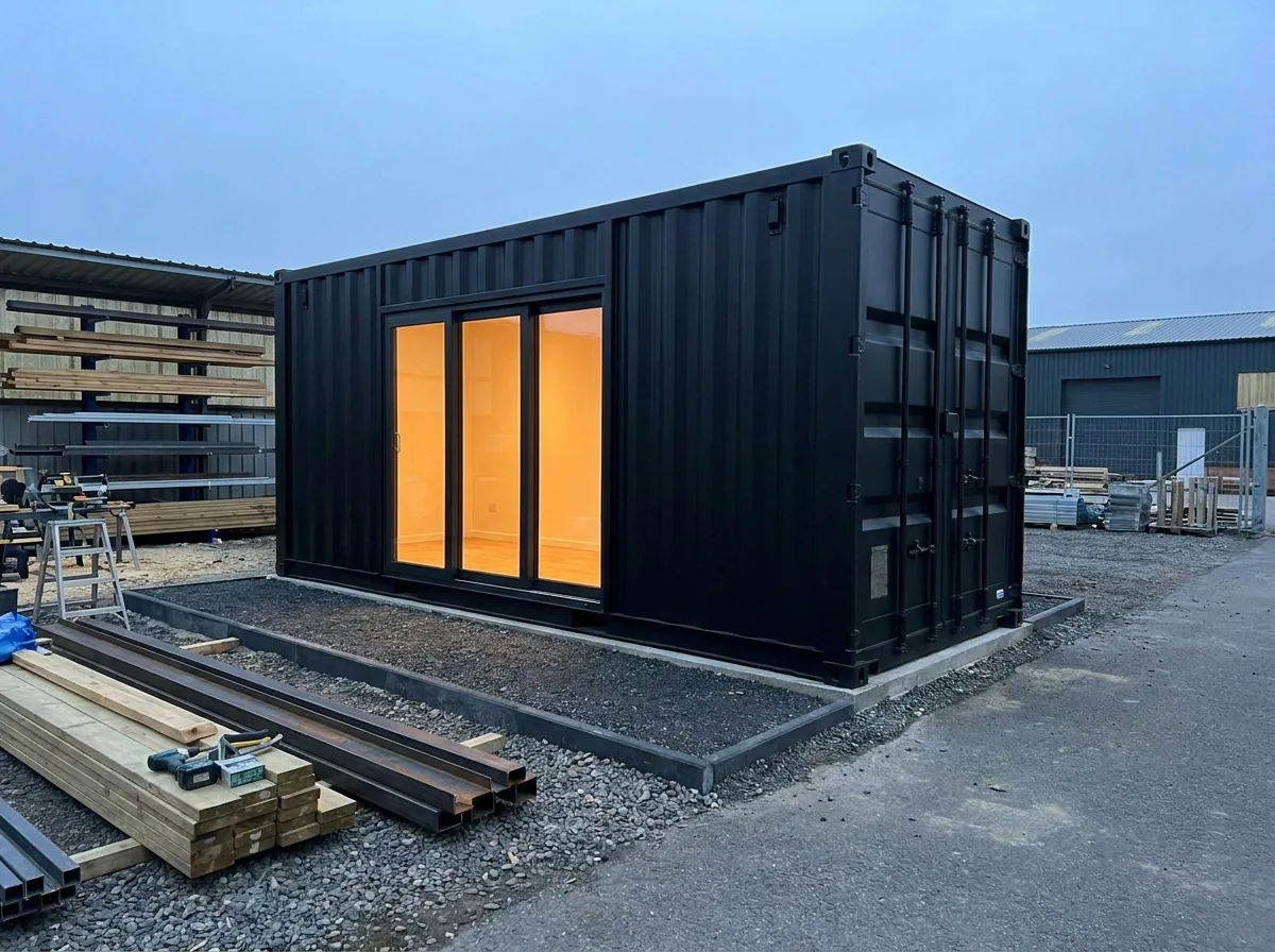 Real black shipping container conversion on a prepared base with warm interior light