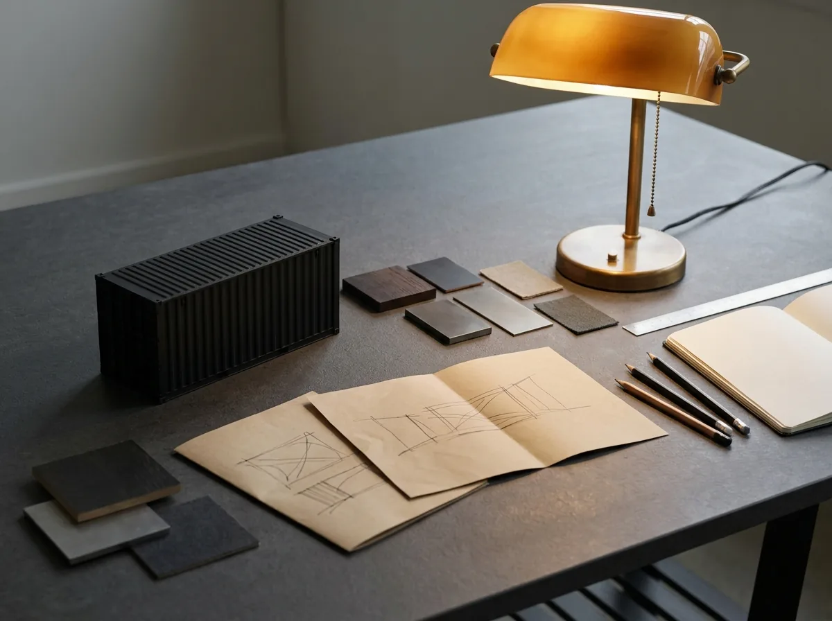 Container conversion planning materials on a dark work table