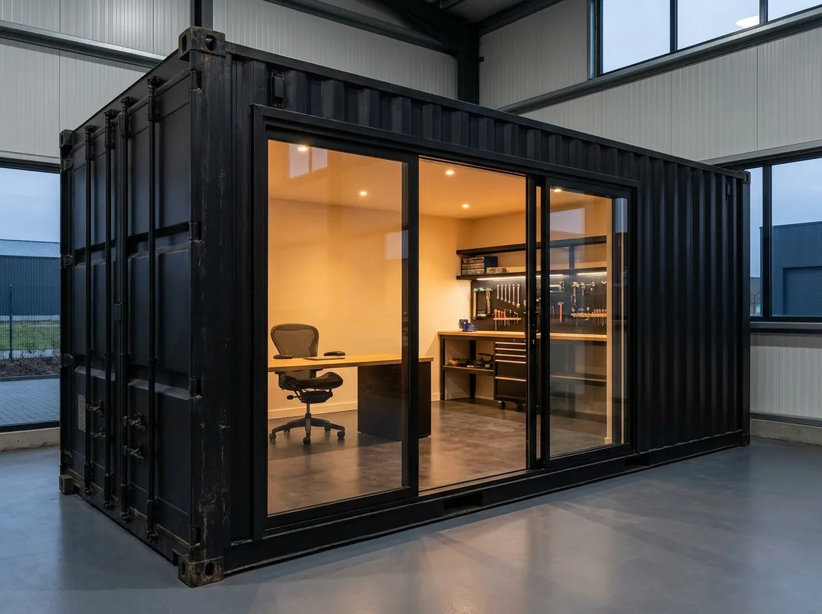 20ft black container office conversion with wide glass doors