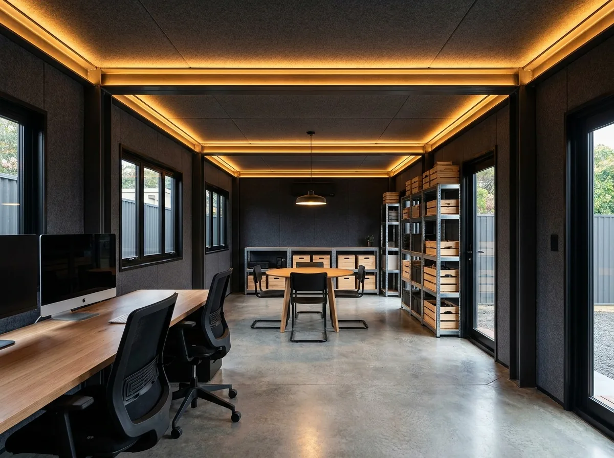 Interior of a 40ft container studio with open workspace and warm lighting