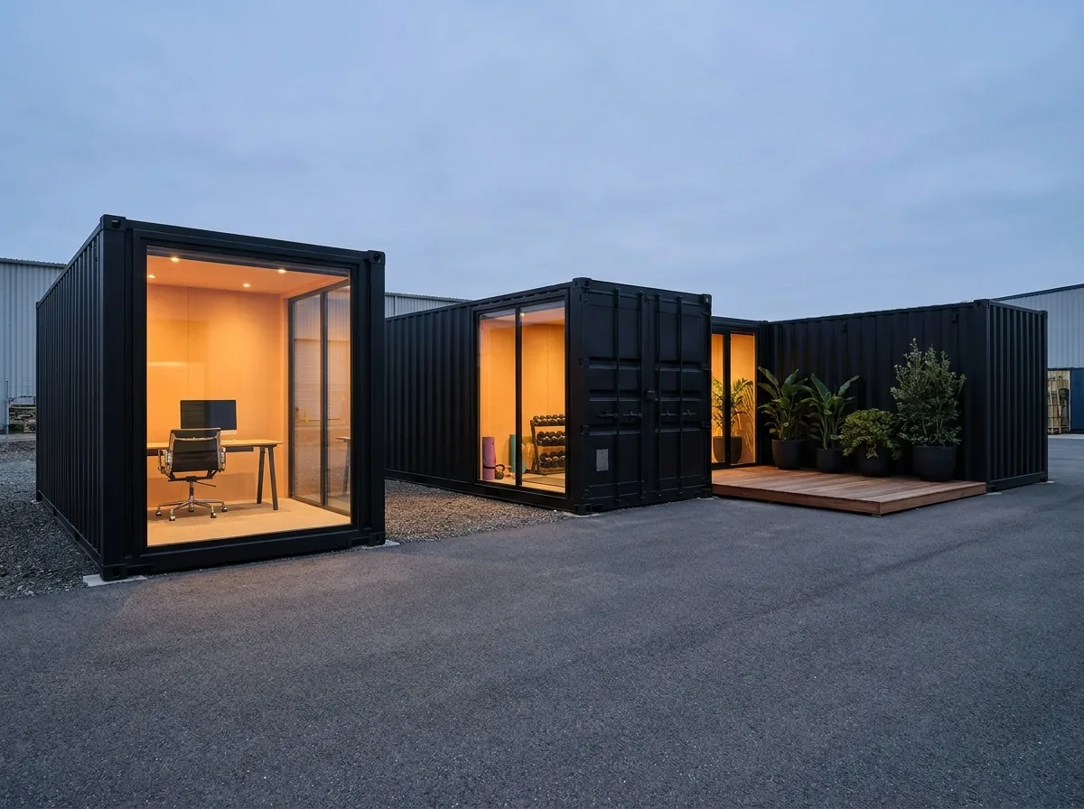 Three black container conversions grouped in a clean yard with warm interior lighting