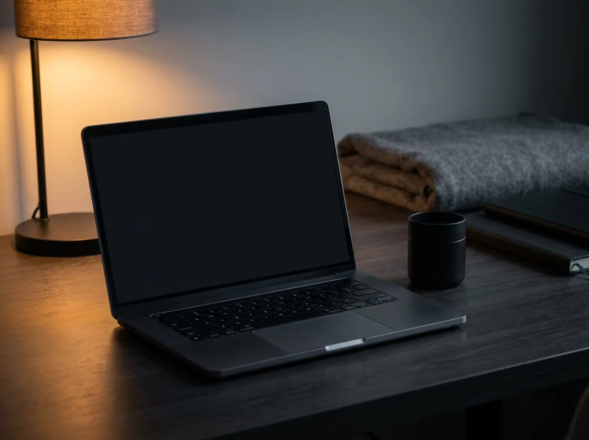 Workspace with laptop and container model used to represent secure customer enquiries