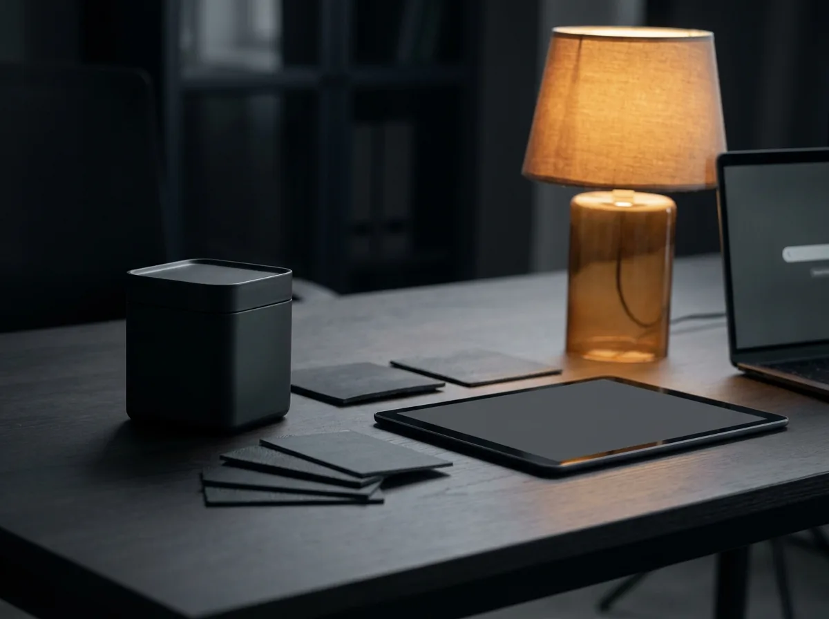 Container model and material samples on a dark desk