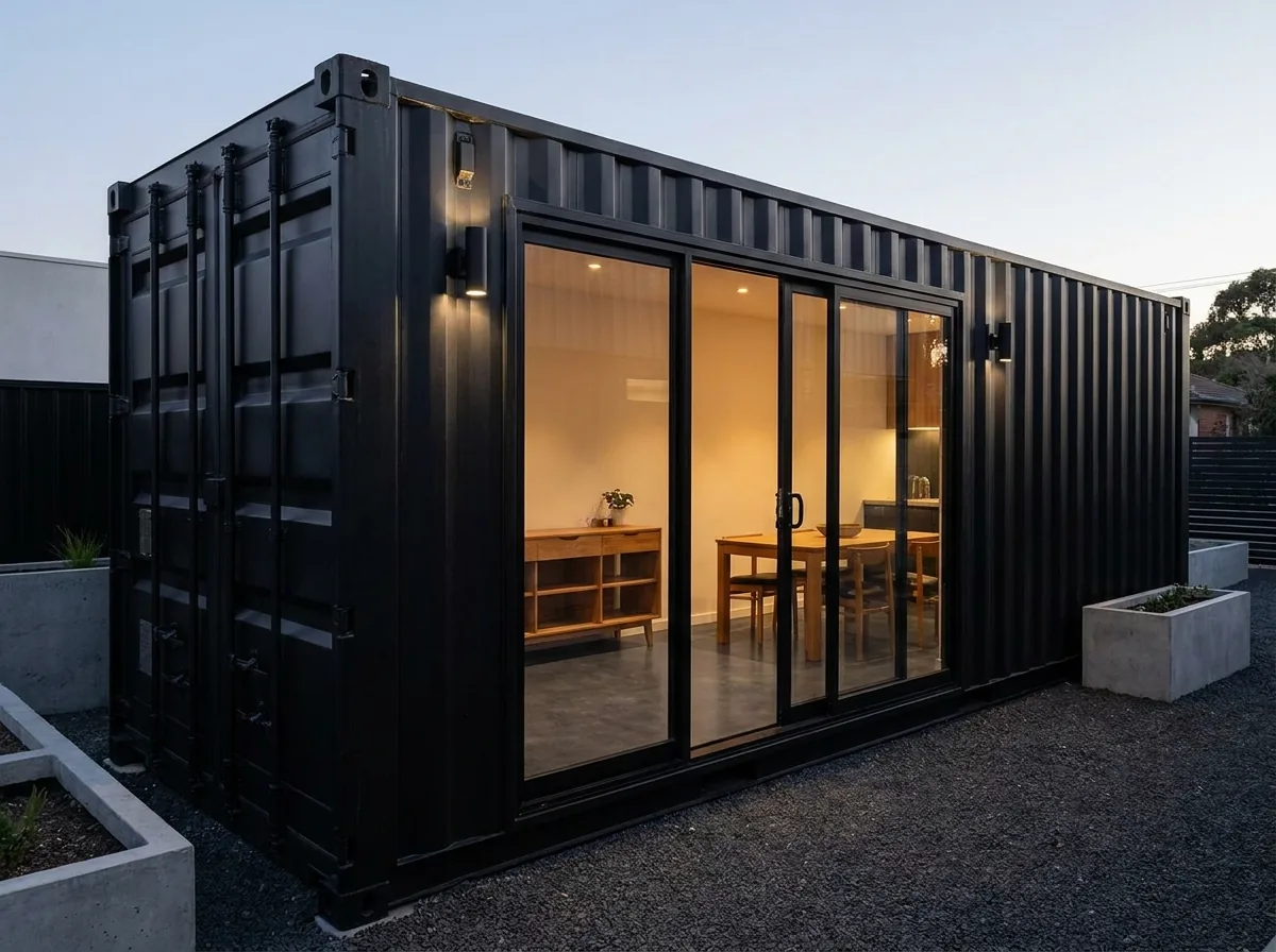Detail of black container conversion with glass door and warm light