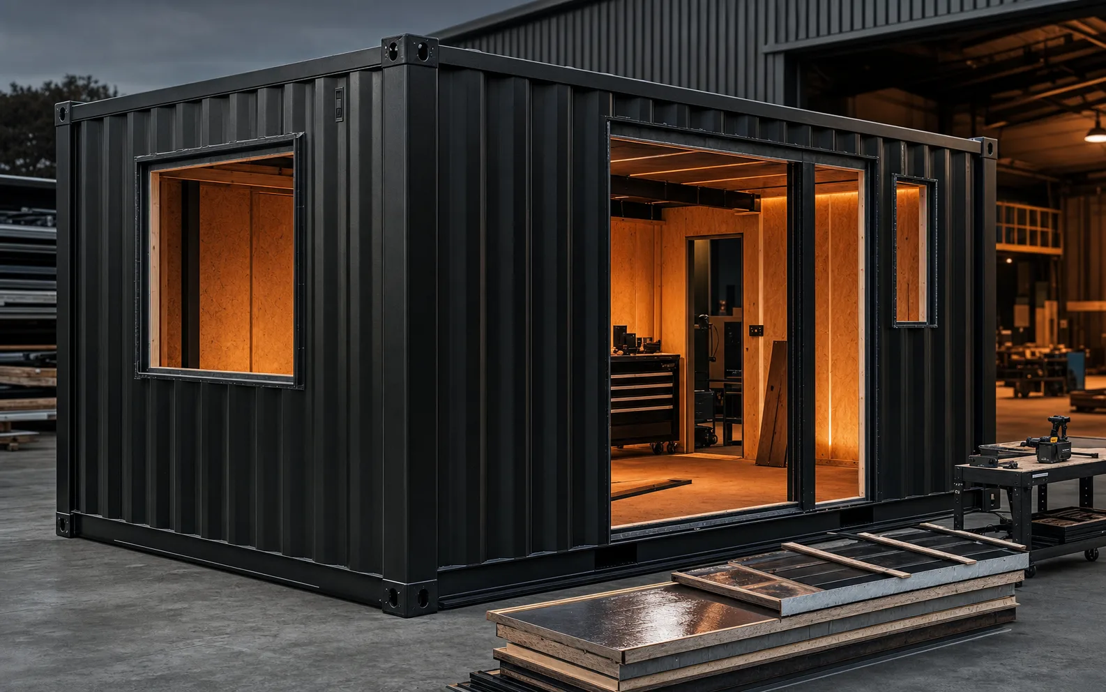 Black shipping container being prepared for a custom conversion