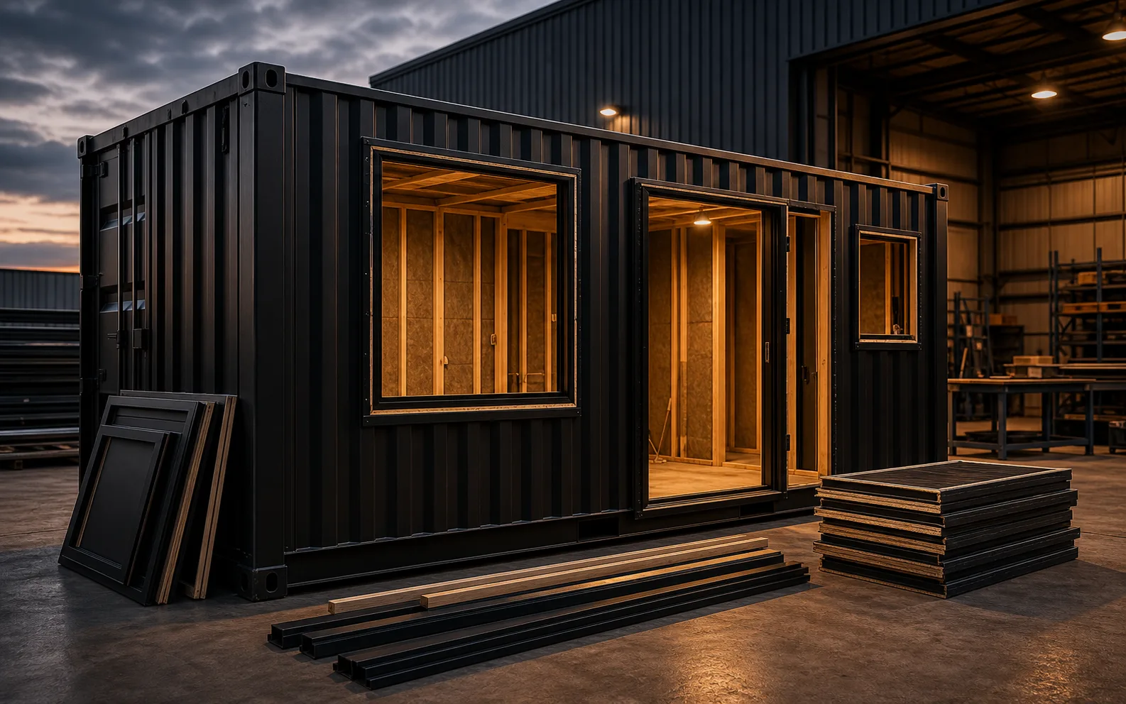 Black shipping container prepared for a custom conversion with framed openings
