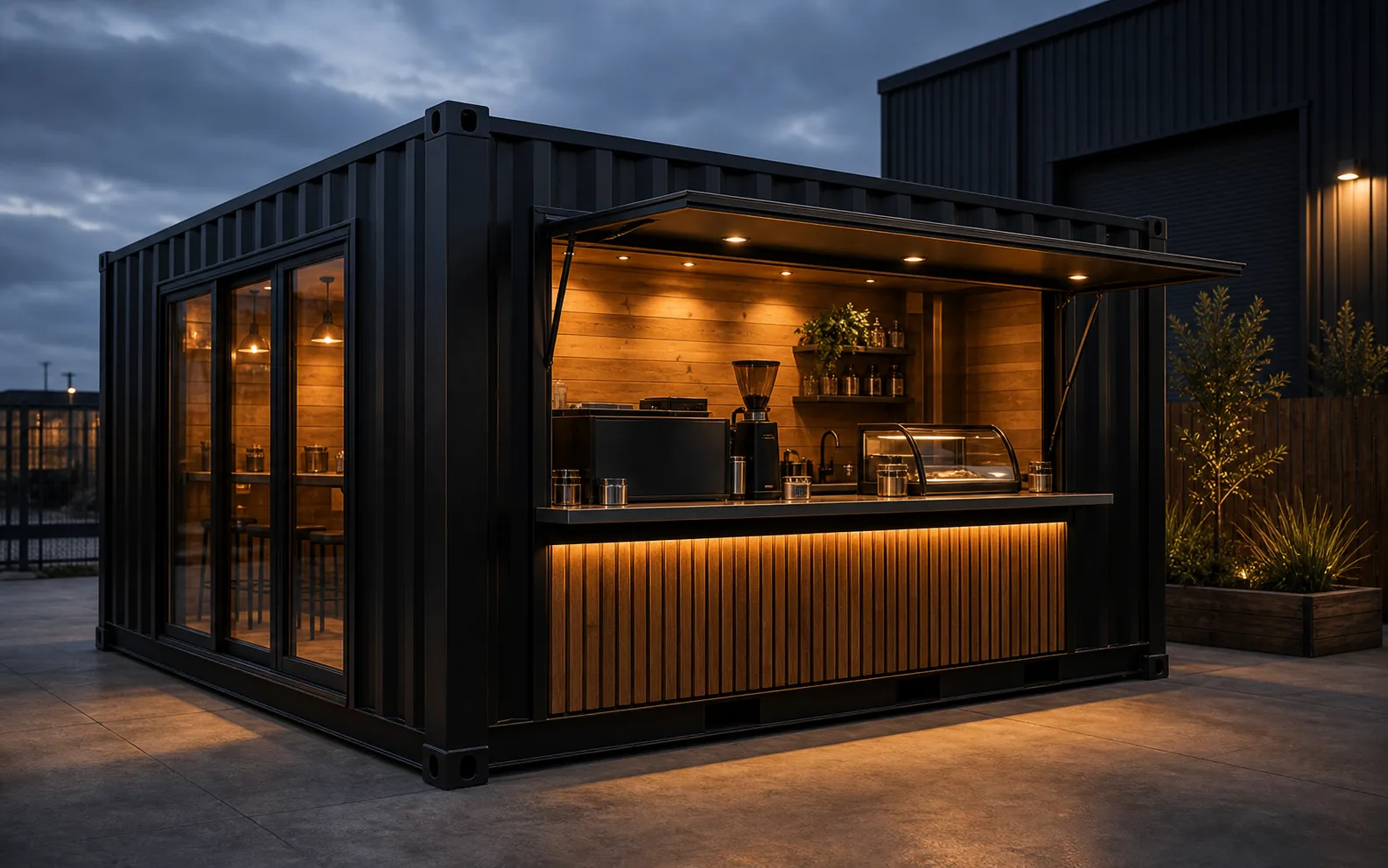 Finished black container conversion with serving hatch and warm timber interior