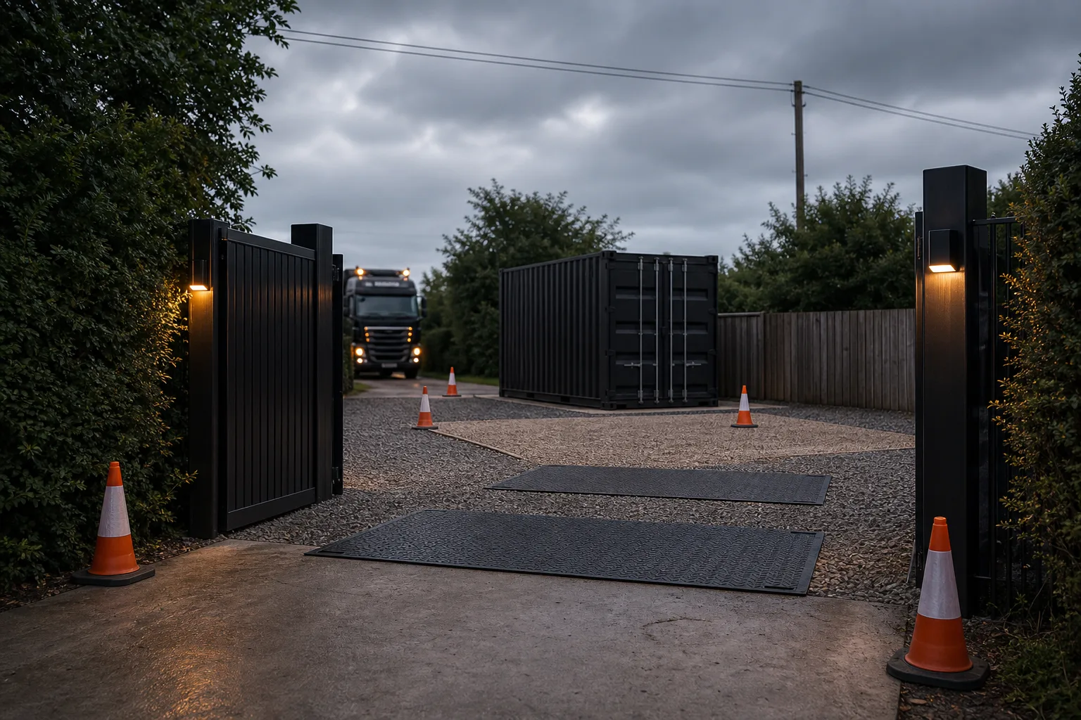 Prepared access route and placement zone for a black shipping container delivery