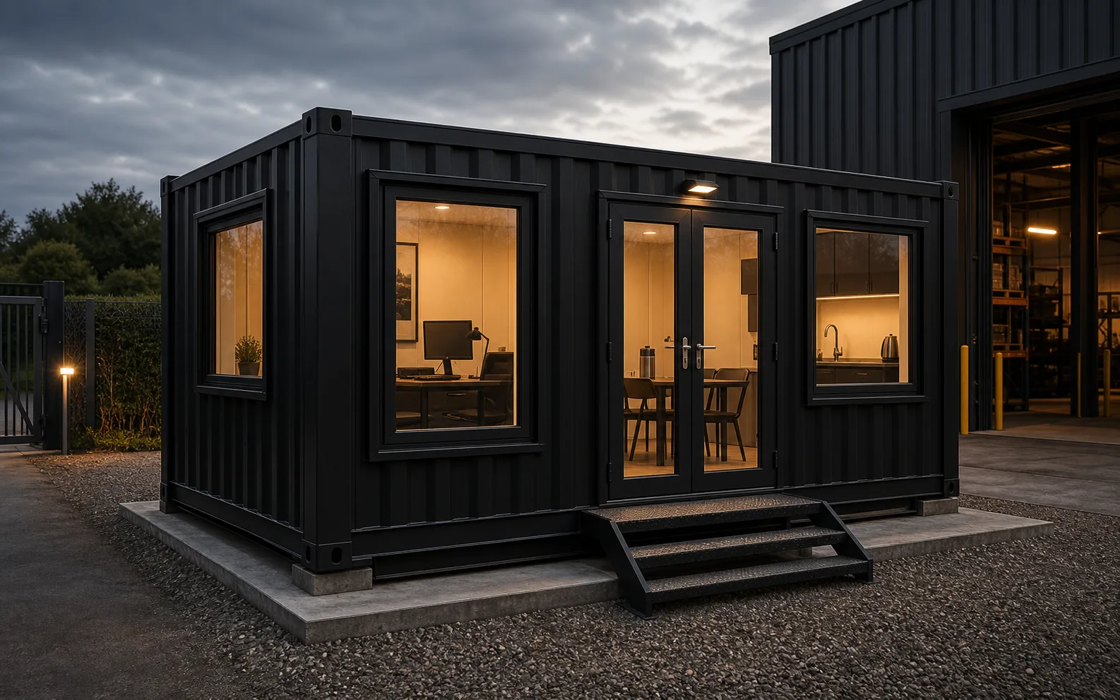 Black modular site cabin office and canteen unit with warm interior lighting