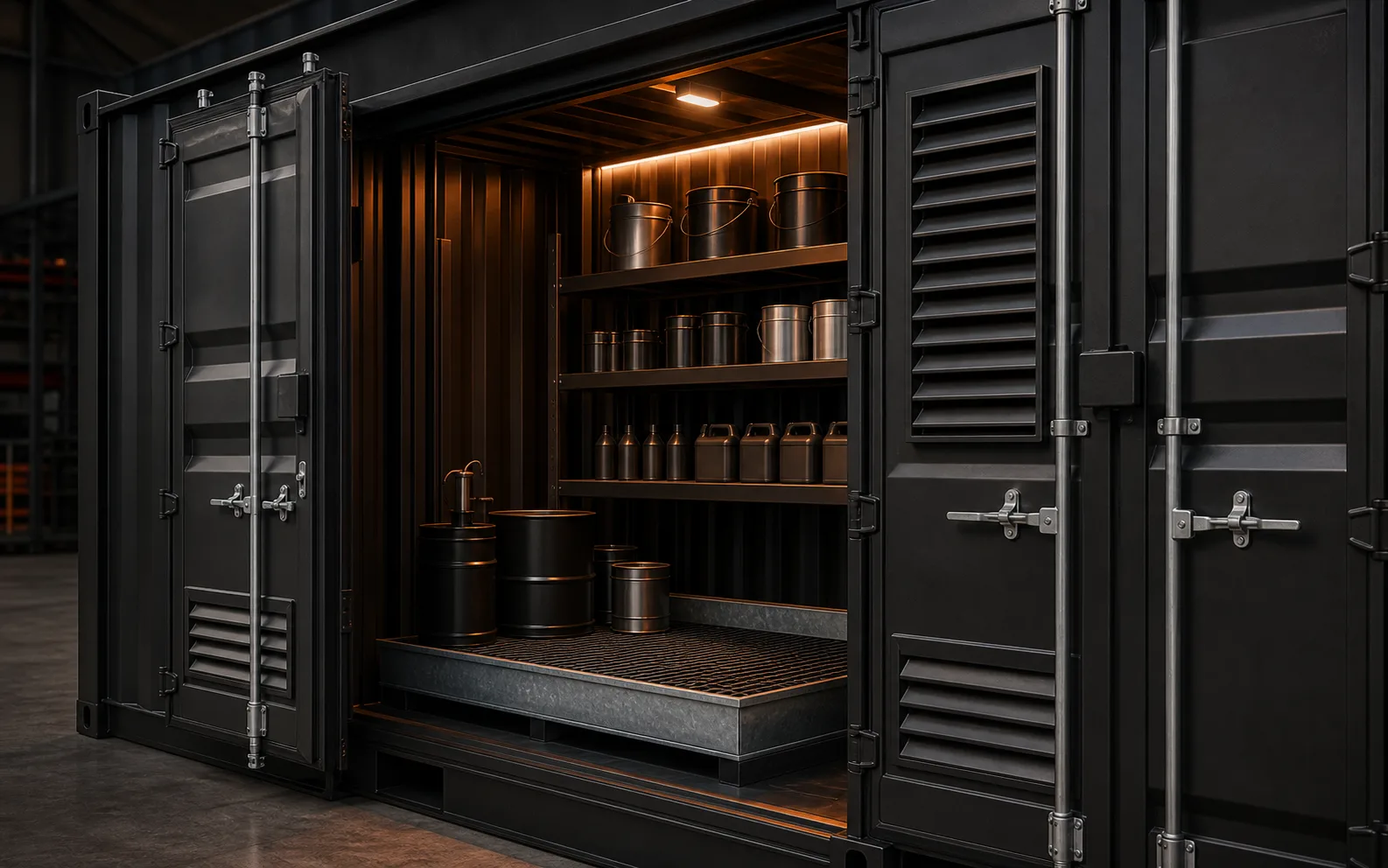 Specialist ventilated storage container detail with secure shelving and bunded floor