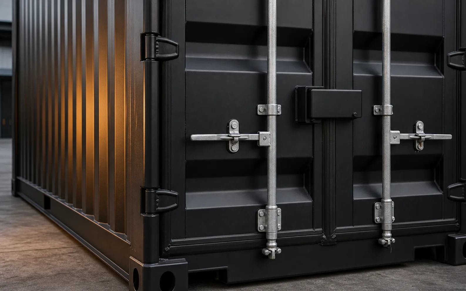 Close detail of black container lock box, seals, and steel doors