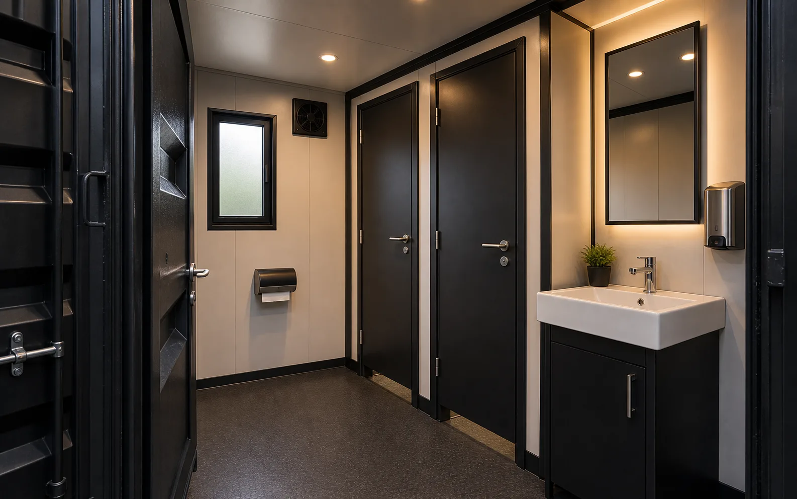Clean toilet cabin interior with cubicles, sink, frosted window, and hardwearing floor
