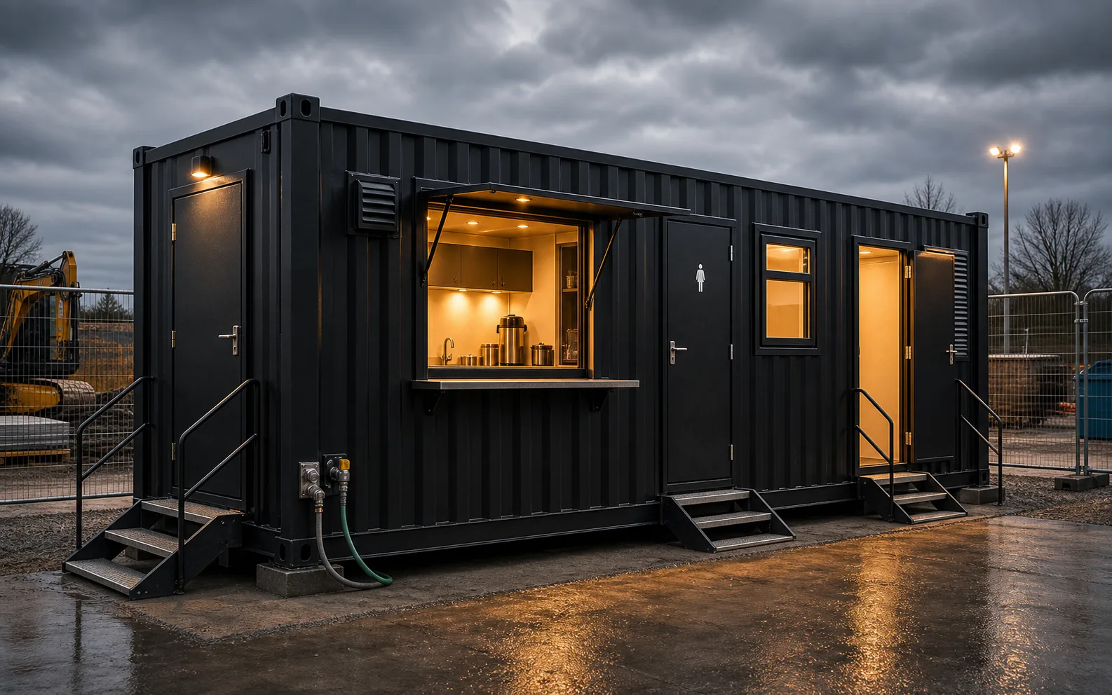 Black self-contained welfare cabin with toilet, drying room, canteen window, and access steps