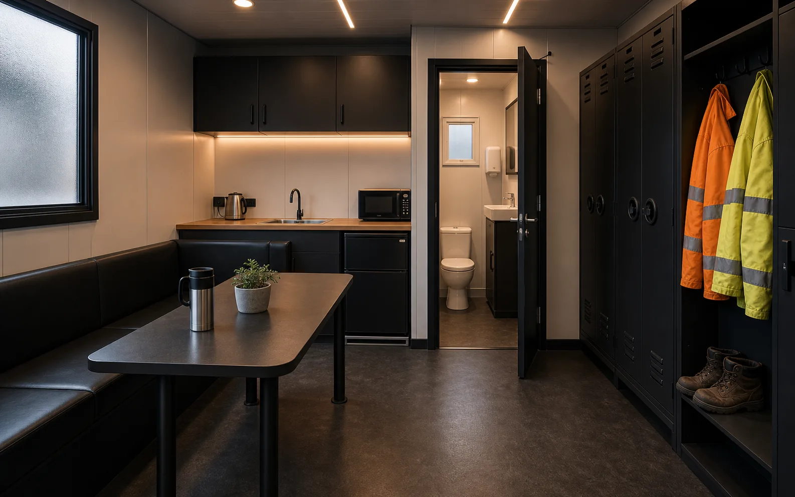 Clean welfare unit interior with canteen seating, drying lockers, and toilet compartment