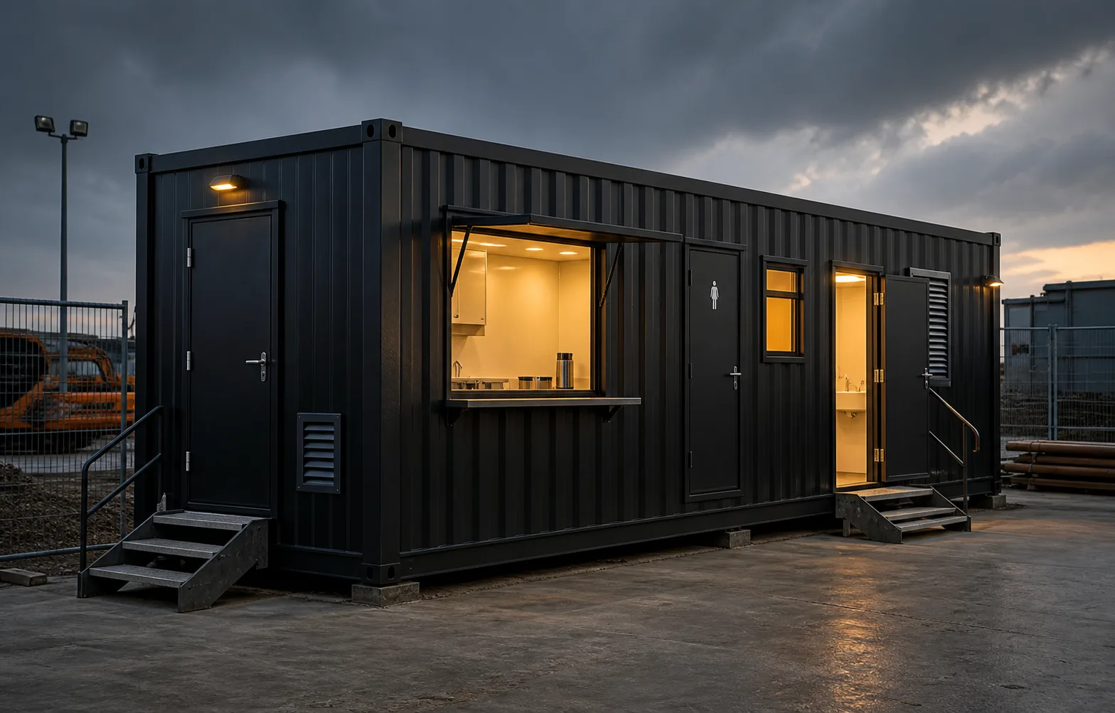 Self-contained black welfare unit with canteen, toilet, and drying room access