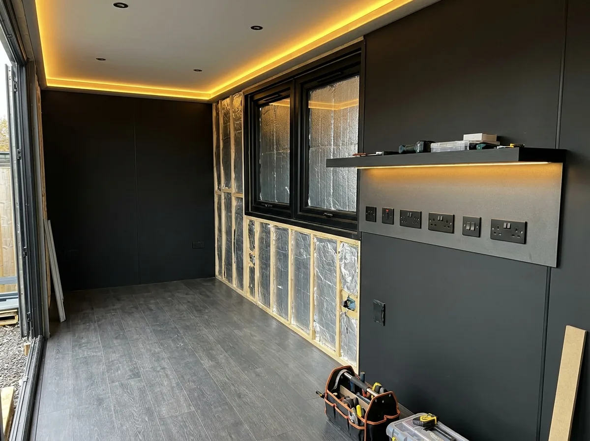 Dark container interior fit-out with clean lighting and practical finishes