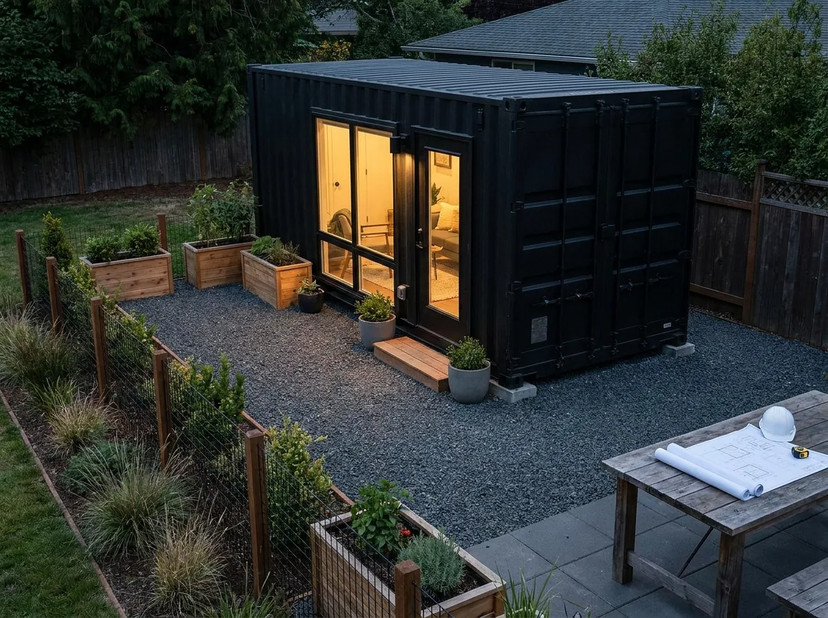 Black shipping container conversion placed on a prepared base