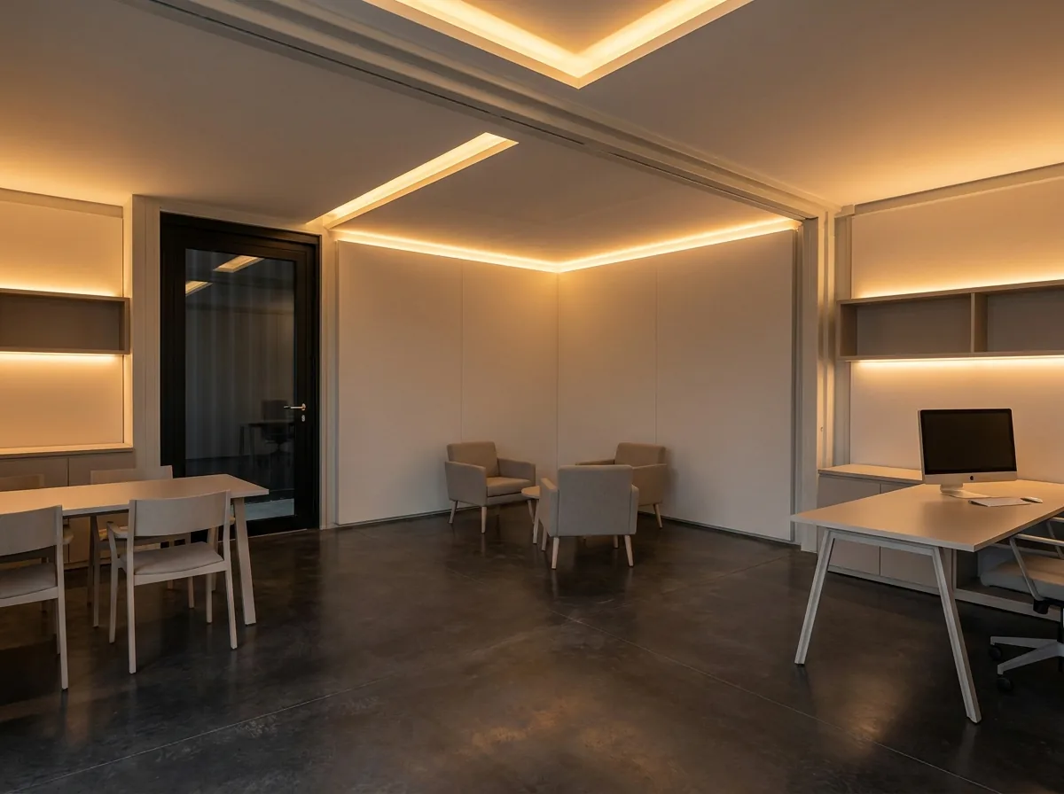 Clean container interior ready for planning with blank wall panels and warm lighting