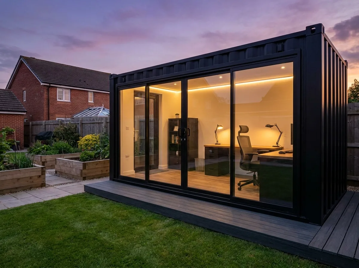 Completed black container garden office in a home garden