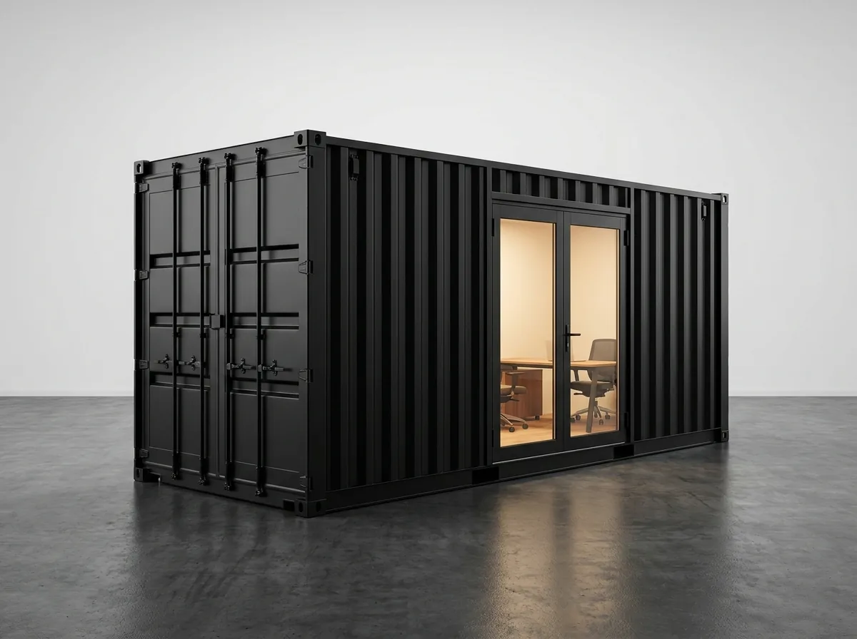 20ft black shipping container office conversion with glass doors