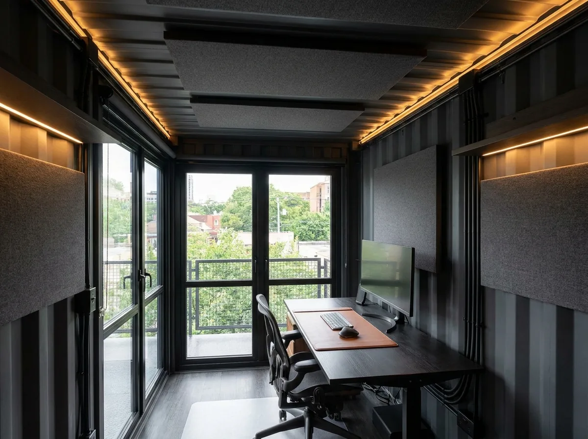 Finished container office interior with warm practical lighting