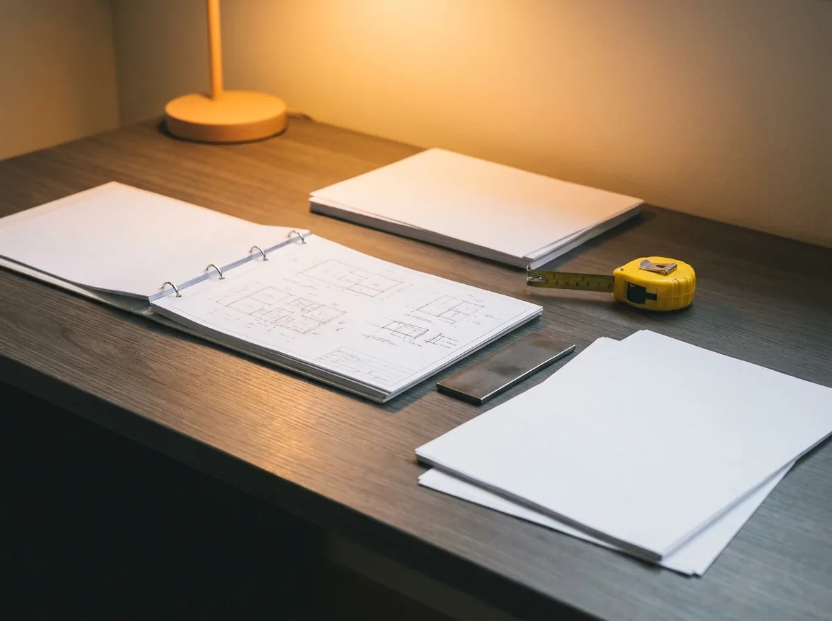 Container project paperwork and material samples prepared for approval
